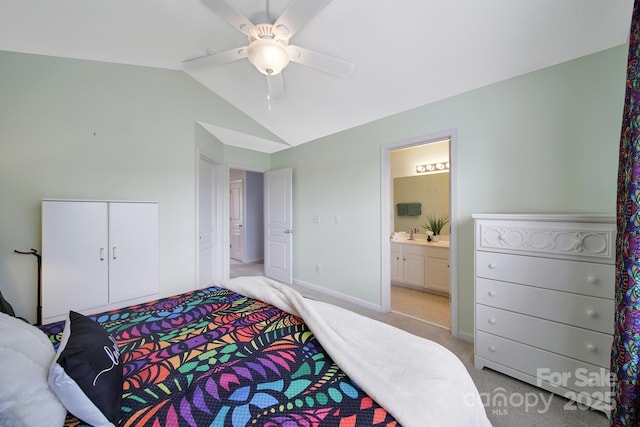 635 Brickdust Ct, Fort Mill, SC 29708 - bedroom with vaulted ceiling, light colored carpet, ensuite bathroom, a closet, and ceiling fan