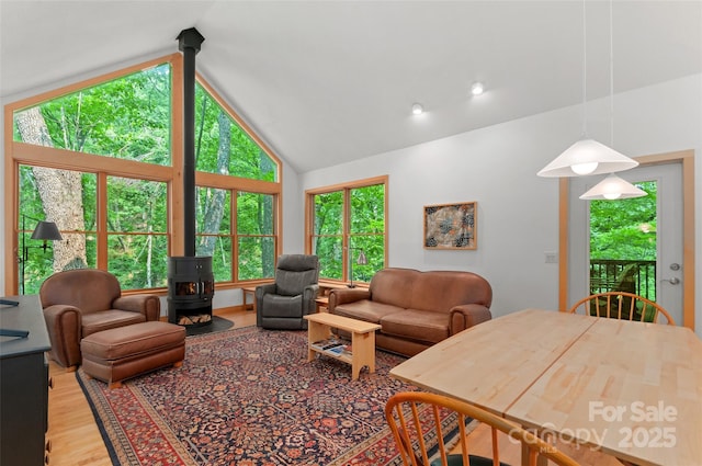 608 Brandywine Rd, Waynesville, NC 28786 - living room with a wood stove, light wood-style floors, and high vaulted ceiling