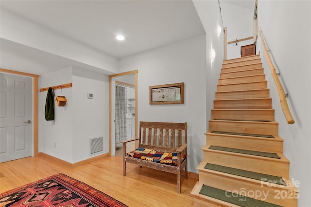 608 Brandywine Rd, Waynesville, NC 28786 - entryway with stairway, wood finished floors, baseboards, and recessed lighting