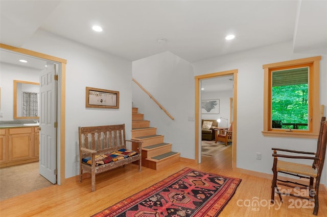 608 Brandywine Rd, Waynesville, NC 28786 - foyer entrance with light wood-style flooring, stairs, recessed lighting, and baseboards
