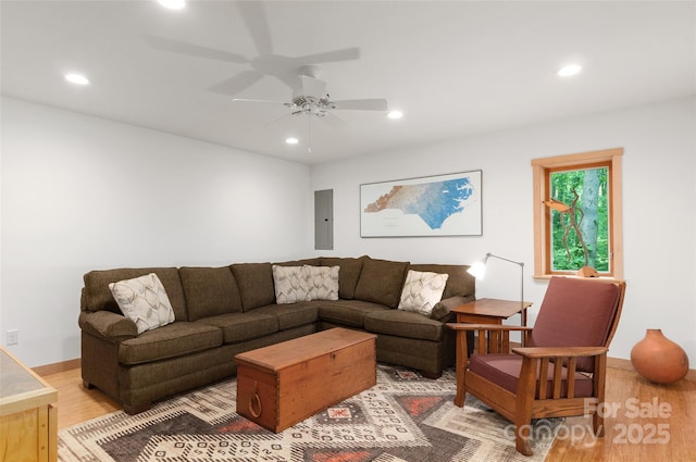 608 Brandywine Rd, Waynesville, NC 28786 - living area featuring light wood-style floors, recessed lighting, a ceiling fan, electric panel, and baseboards