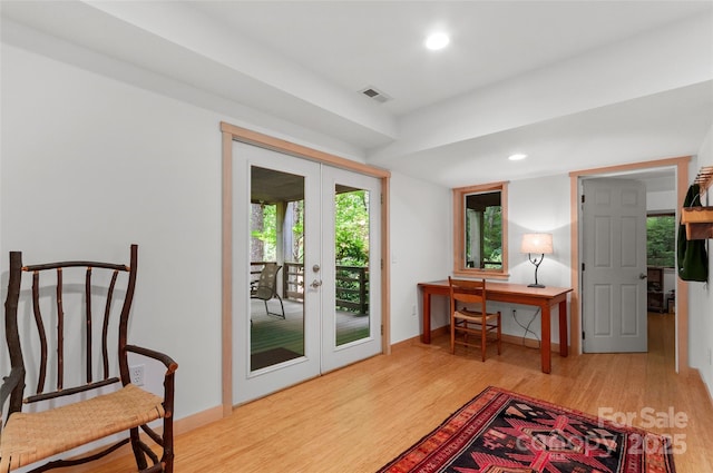 608 Brandywine Rd, Waynesville, NC 28786 - doorway to outside featuring french doors, wood finished floors, recessed lighting, baseboards, and a desk