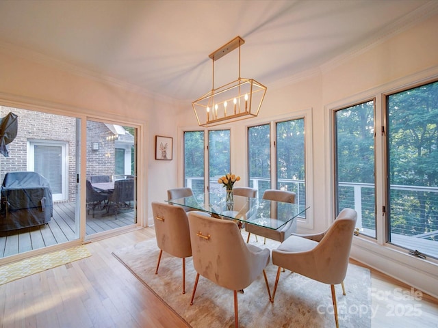 15708 Eagleview Dr, Charlotte, NC 28278 - dining room with healthy amount of natural light, wood finished floors, ornamental molding, and a chandelier