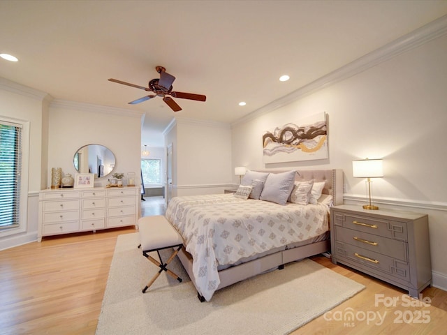 15708 Eagleview Dr, Charlotte, NC 28278 - bedroom with light wood-style floors, crown molding, recessed lighting, ceiling fan, and baseboards