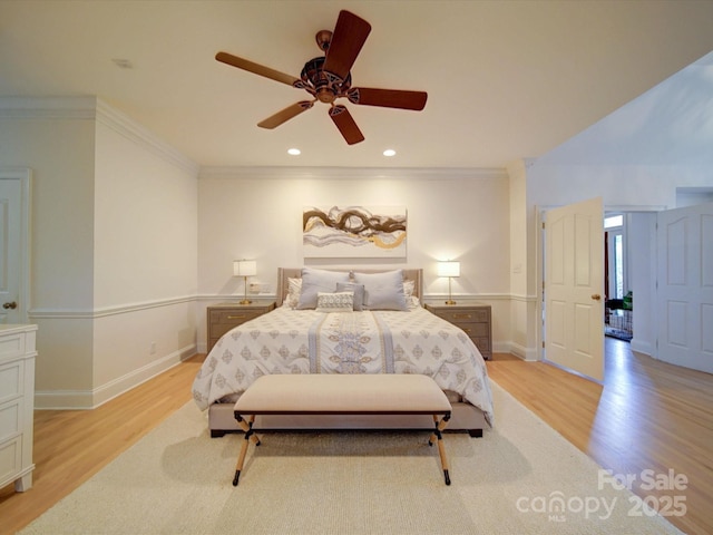 15708 Eagleview Dr, Charlotte, NC 28278 - bedroom featuring light wood finished floors, ornamental molding, baseboards, a ceiling fan, and recessed lighting