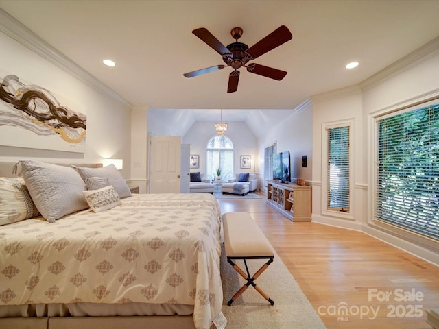 15708 Eagleview Dr, Charlotte, NC 28278 - bedroom featuring light wood finished floors, lofted ceiling, recessed lighting, crown molding, and a ceiling fan