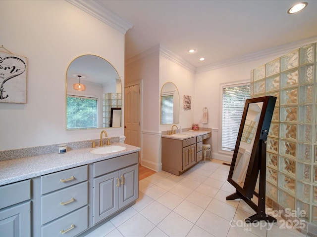 15708 Eagleview Dr, Charlotte, NC 28278 - full bathroom featuring crown molding, vanity, tile patterned floors, recessed lighting, and baseboards