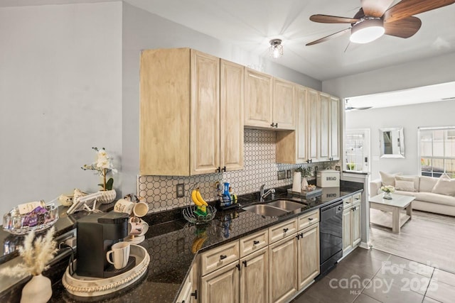 7881 Mariners Pointe Cir, Denver, NC 28037 - kitchen featuring dishwasher, decorative backsplash, light brown cabinetry, a ceiling fan, and dark tile patterned flooring
