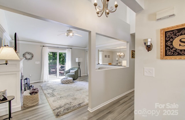 110 Spring Path, Hendersonville, NC 28739 - hallway featuring a chandelier, crown molding, wood finished floors, baseboards, and a high ceiling