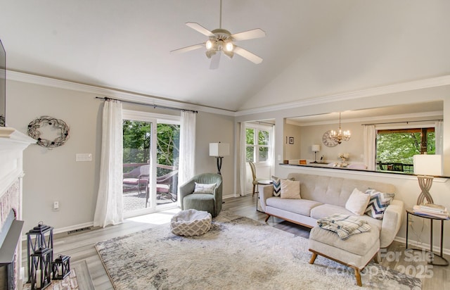 110 Spring Path, Hendersonville, NC 28739 - living area featuring high vaulted ceiling, a chandelier, light wood-style flooring, ceiling fan, and baseboards