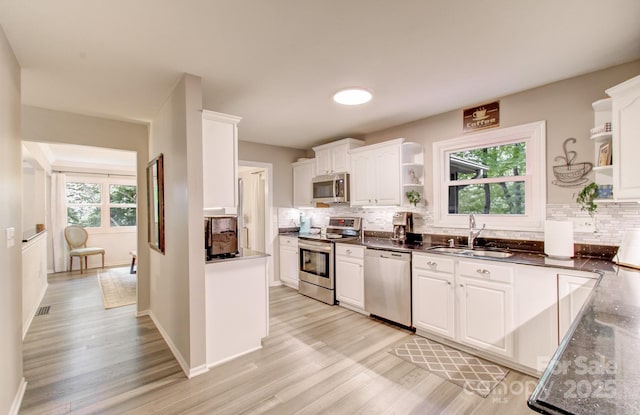 110 Spring Path, Hendersonville, NC 28739 - kitchen featuring appliances with stainless steel finishes, open shelves, a sink, white cabinets, and decorative backsplash