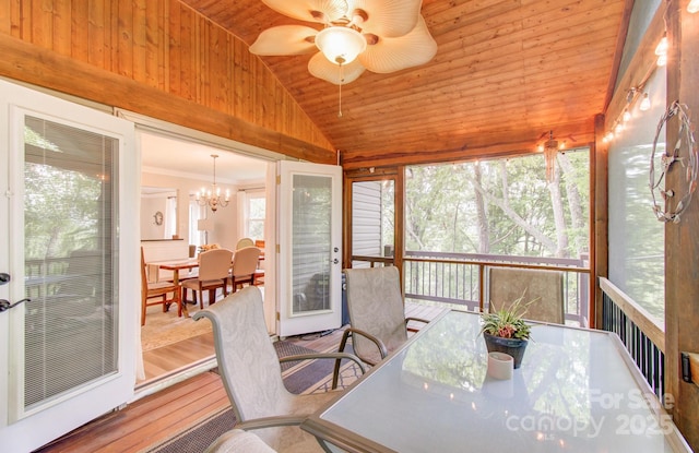 110 Spring Path, Hendersonville, NC 28739 - sunroom / solarium featuring vaulted ceiling, outdoor dining space, ceiling fan, and a chandelier