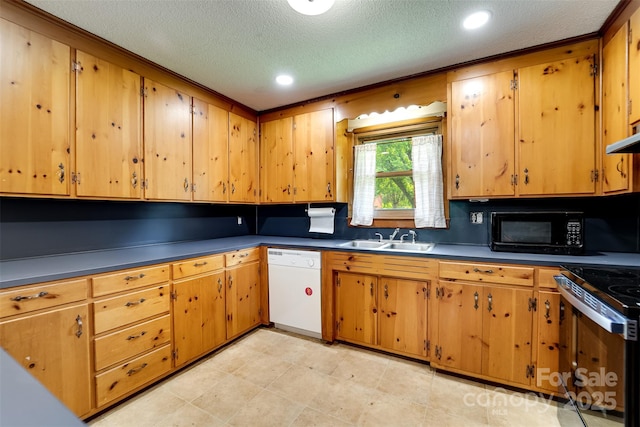 191 Rolling Green Dr, Sylva, NC 28779 - kitchen featuring white dishwasher, a sink, black microwave, stainless steel range with electric stovetop, and a textured ceiling