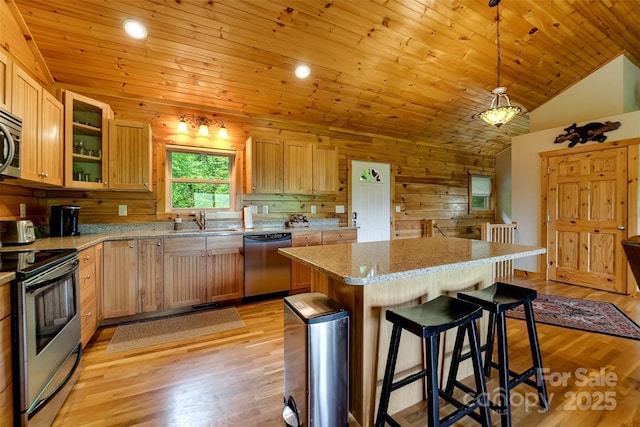 938 Trickle Creek Rd, Waynesville, NC 28785 - kitchen featuring stainless steel appliances, light wood-type flooring, a breakfast bar area, a center island, and lofted ceiling
