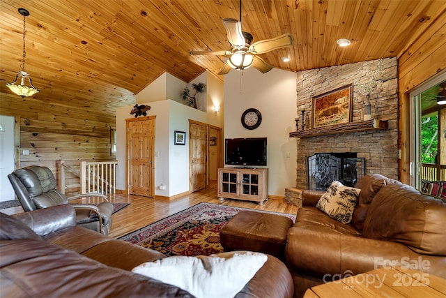 938 Trickle Creek Rd, Waynesville, NC 28785 - living area with wood ceiling, high vaulted ceiling, baseboards, a ceiling fan, and wood finished floors