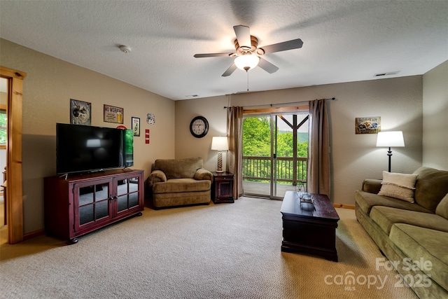 938 Trickle Creek Rd, Waynesville, NC 28785 - carpeted living room with ceiling fan and a textured ceiling