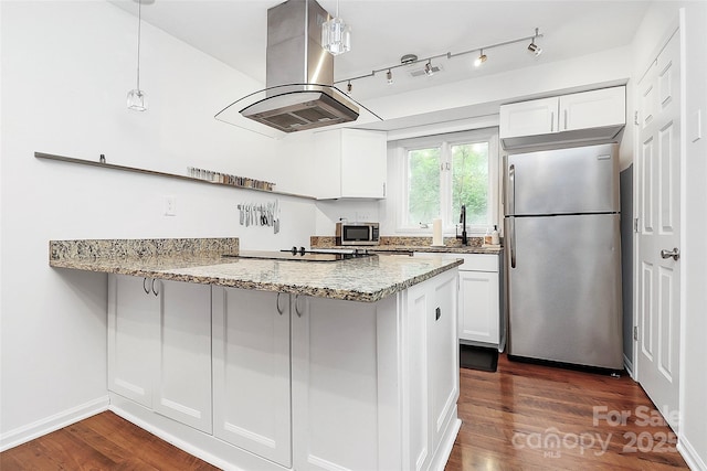 433 W 8th St Unit 66, Charlotte, NC 28202 - kitchen featuring stainless steel appliances, island exhaust hood, dark wood-style floors, a peninsula, and light stone counters