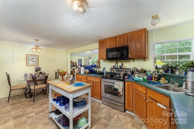 38 Hidden Forest Dr, Hendersonville, NC 28792 - kitchen with black microwave, electric stove, brown cabinetry, a textured ceiling, and dark countertops
