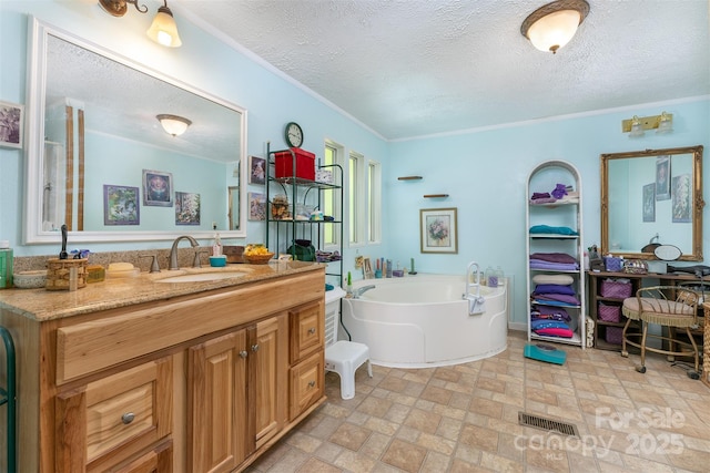 38 Hidden Forest Dr, Hendersonville, NC 28792 - bathroom with vanity, a bath, a textured ceiling, and crown molding