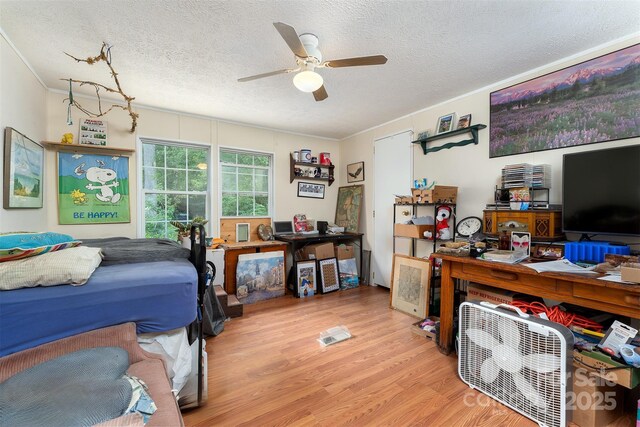 38 Hidden Forest Dr, Hendersonville, NC 28792 - bedroom with wood finished floors, a textured ceiling, ornamental molding, and a ceiling fan