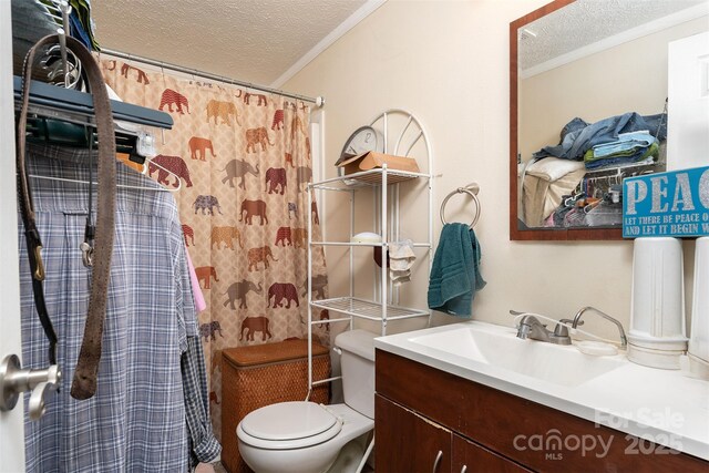 38 Hidden Forest Dr, Hendersonville, NC 28792 - bathroom with a textured ceiling, vanity, crown molding, and curtained shower