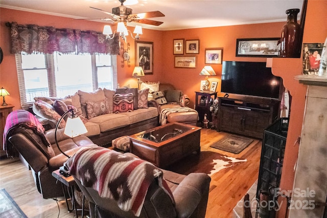 171 Shores Way, Boone, NC 28607 - living area featuring ornamental molding, ceiling fan, and wood finished floors
