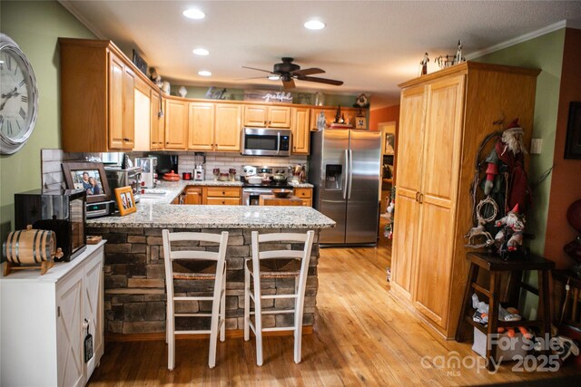 171 Shores Way, Boone, NC 28607 - kitchen with appliances with stainless steel finishes, a peninsula, light wood finished floors, ceiling fan, and ornamental molding