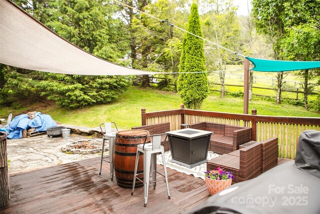 171 Shores Way, Boone, NC 28607 - wooden deck featuring a yard and an outdoor living space with a fire pit