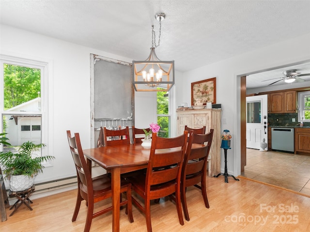 540 Windswept Ridge Rd, Canton, NC 28716 - dining space with a chandelier, light wood-style floors, baseboard heating, a textured ceiling, and ceiling fan
