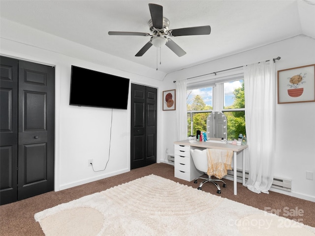 540 Windswept Ridge Rd, Canton, NC 28716 - carpeted bedroom featuring a ceiling fan, a closet, baseboards, and an office area