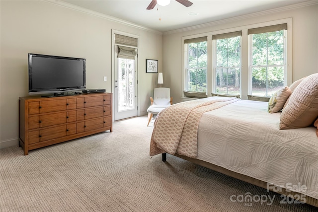 7 White Palmer Ct, Biltmore Lake, NC 28715 - bedroom featuring access to exterior, ornamental molding, light carpet, and ceiling fan