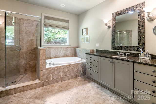 7 White Palmer Ct, Biltmore Lake, NC 28715 - full bath featuring vanity, a garden tub, a stall shower, and tile patterned flooring