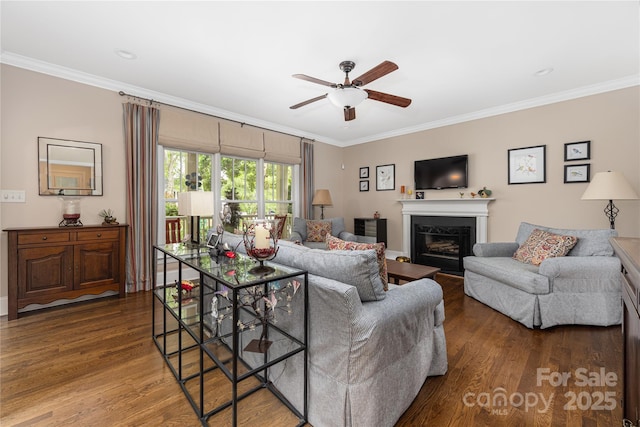 1701 Truman Rd, Charlotte, NC 28205 - living room with a ceiling fan, crown molding, wood finished floors, and a fireplace