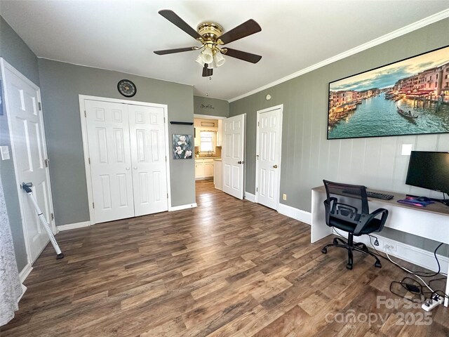 156 Spruce St, Badin, NC 28009 - home office featuring ornamental molding, dark wood-type flooring, a ceiling fan, and baseboards
