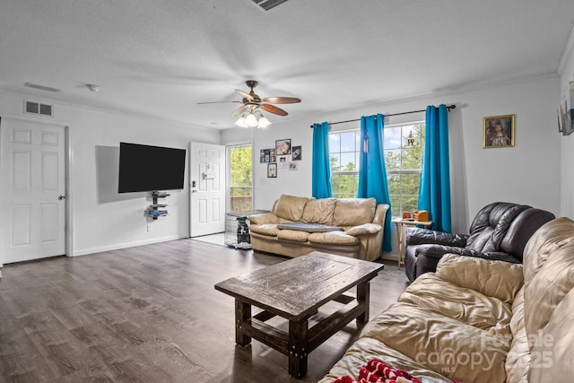 8650 Lambs Way, Connelly Springs, NC 28612 - living room with ceiling fan, ornamental molding, wood finished floors, a textured ceiling, and baseboards
