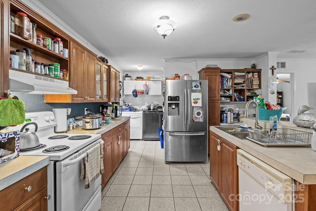 8650 Lambs Way, Connelly Springs, NC 28612 - kitchen featuring white appliances, under cabinet range hood, open shelves, a sink, and crown molding