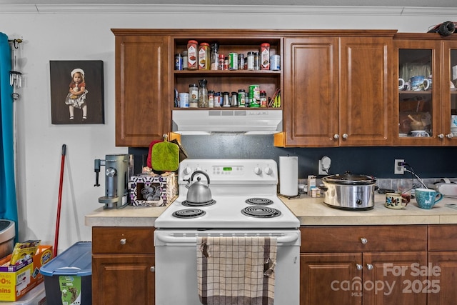 8650 Lambs Way, Connelly Springs, NC 28612 - kitchen featuring white electric range oven, under cabinet range hood, light countertops, and ornamental molding