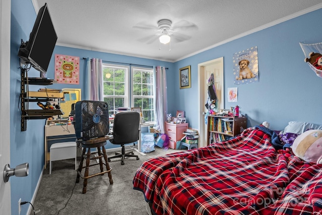 8650 Lambs Way, Connelly Springs, NC 28612 - carpeted bedroom with ornamental molding, an office area, a textured ceiling, and a ceiling fan