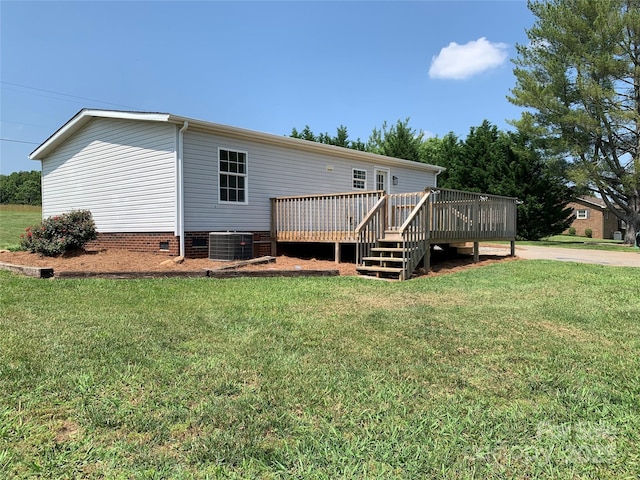 6219 Heavner Rd, Vale, NC 28168 - back of house with central AC unit, a deck, a lawn, and crawl space
