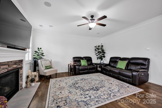 246 Bushney Loop, Mooresville, NC 28115 - living room with ceiling fan, ornamental molding, a fireplace, wood finished floors, and baseboards