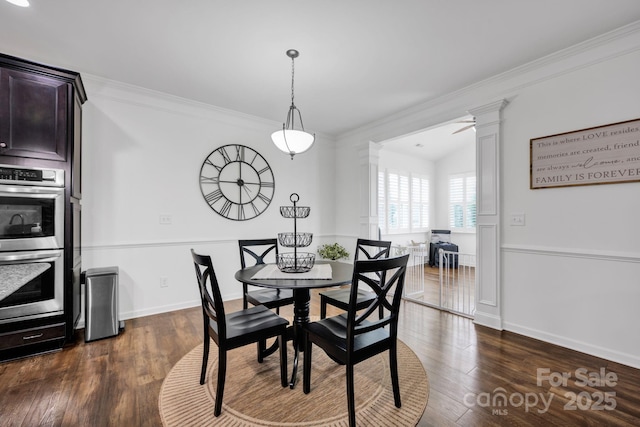 246 Bushney Loop, Mooresville, NC 28115 - dining area with ornate columns, ornamental molding, dark wood-style floors, and baseboards