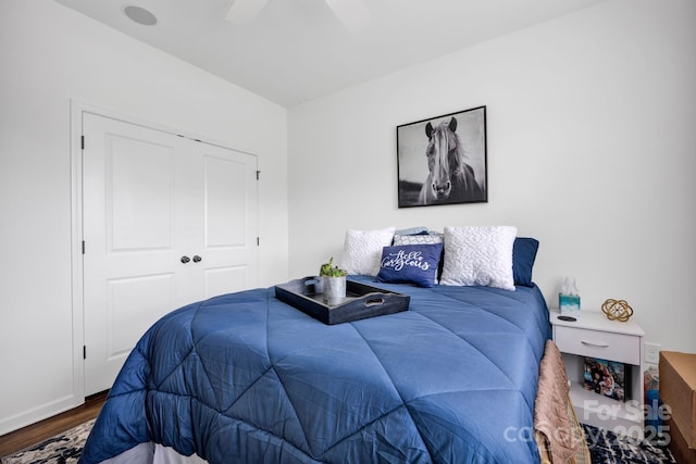 246 Bushney Loop, Mooresville, NC 28115 - bedroom featuring wood finished floors, a closet, and a ceiling fan