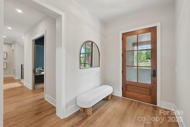 213 Crest Ct, Weddington, NC 28104 - foyer with light wood-style flooring, baseboards, and recessed lighting