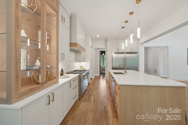 213 Crest Ct, Weddington, NC 28104 - kitchen with premium appliances, a sink, wall chimney range hood, a large island with sink, and light wood finished floors