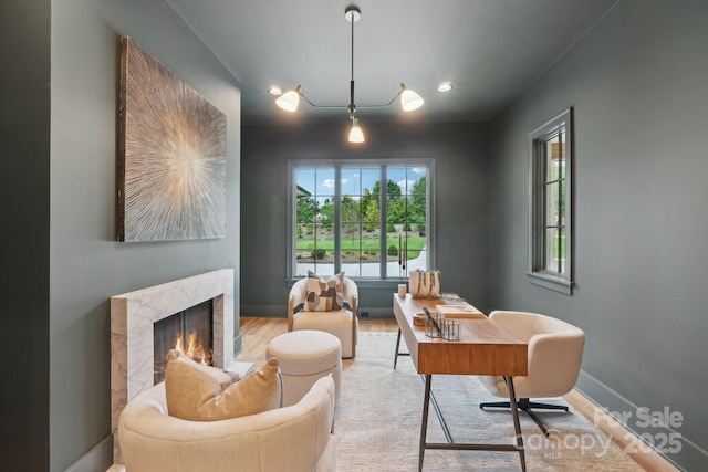 213 Crest Ct, Weddington, NC 28104 - office area featuring baseboards, wood finished floors, a premium fireplace, and recessed lighting