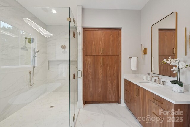 213 Crest Ct, Weddington, NC 28104 - full bath with vanity, a marble finish shower, marble finish flooring, and recessed lighting