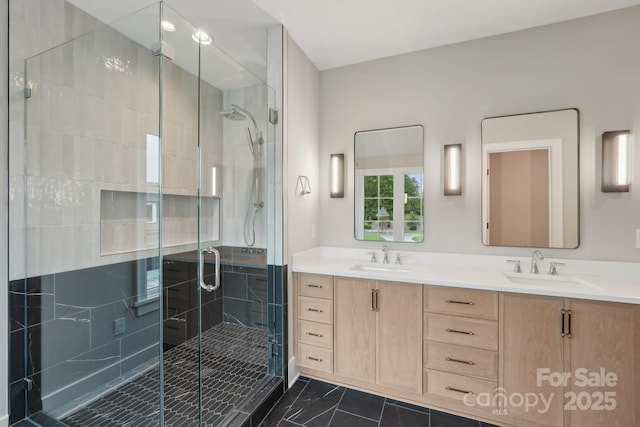213 Crest Ct, Weddington, NC 28104 - full bathroom featuring double vanity, a stall shower, and marble finish flooring