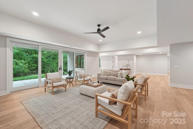 213 Crest Ct, Weddington, NC 28104 - living room featuring ceiling fan, baseboards, light wood finished floors, and recessed lighting