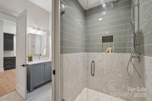 213 Crest Ct, Weddington, NC 28104 - bathroom featuring a shower stall and vanity