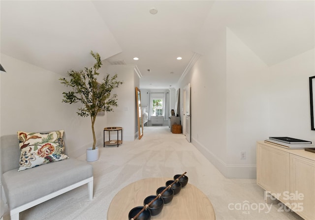 901 Hartford Ave, Charlotte, NC 28209 - hallway featuring baseboards, light colored carpet, recessed lighting, and ornamental molding